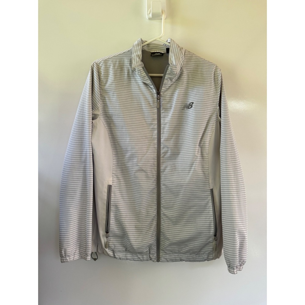 New Balance Womens Striped Windbreaker Jacket White Grey Full Zip L Running Flaw